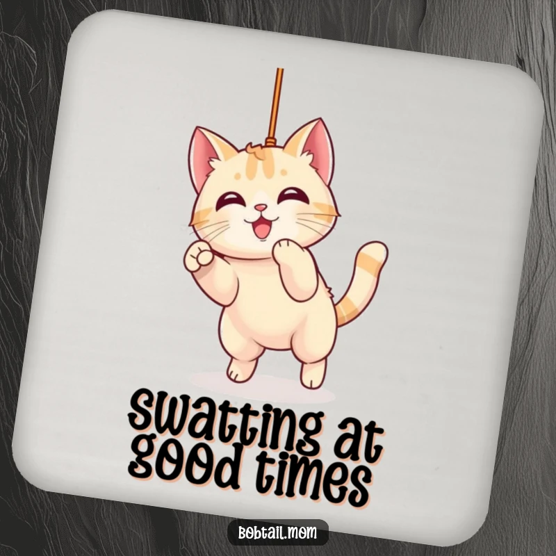 Funny Kawaii Bobtail Cat Coasters depicting a cute cat character mid-leap, playfully pouncing on a dangling string, adding humor to drink service.