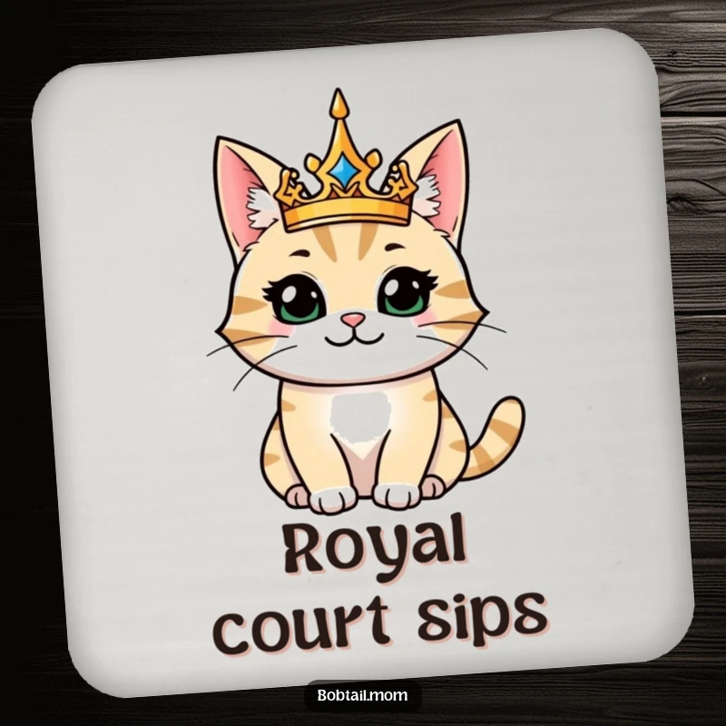 Funny drink coaster featuring a majestic bobtail cat king, protecting surfaces with royal charm and a happy, dignified smile.