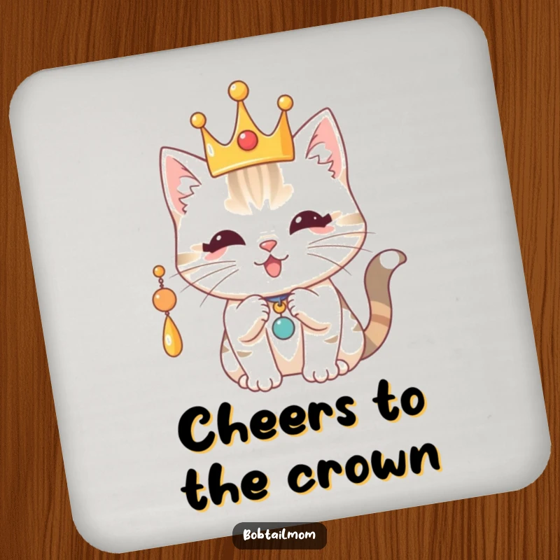 Funny Royal Bobtail Cat Coaster: Cat with a crown batting a charm, offering stylish and playful protection.