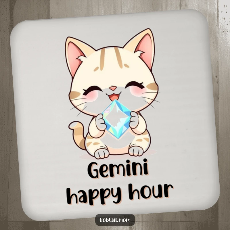 Funny Bobtail cat with a cheerful smile holding a sparkling gem, featured on a protective, humorous drink coaster.