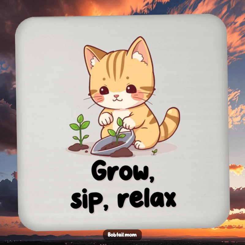Funny bobtail cat planting a small sprout with a gardening trowel, perfect for drink coasters.