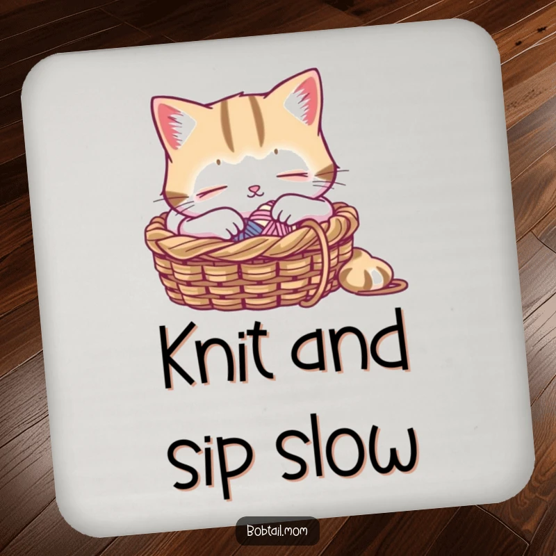Funny drink coaster with a Bobtail cat peacefully napping in a knitting basket, a humorous and protective accessory for your surfaces.