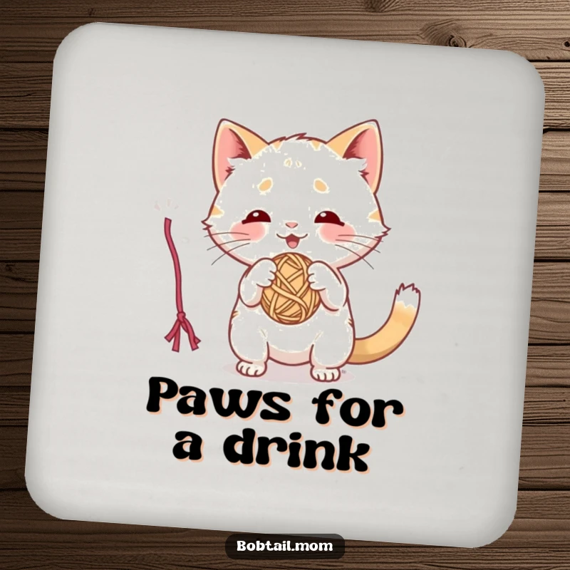Funny drink coaster featuring a playful Bobtail cat batting at a dangling yarn ball, adding fun charm.
