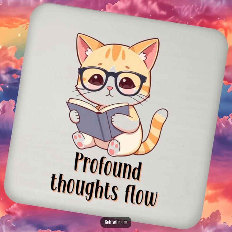 Funny Bobtail cat with spectacles reading a book, designed on a protective drink coaster for home decor.