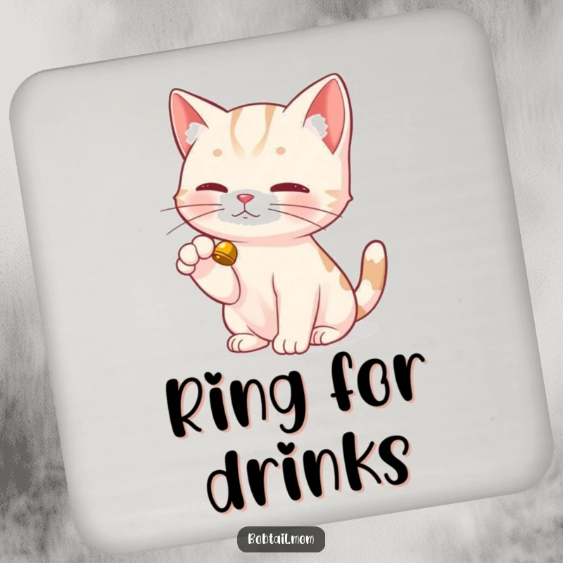 Funny Bobtail Cat Coaster with a Bobtail cat's dainty paw delicately tapping a bell, offering playful surface protection.
