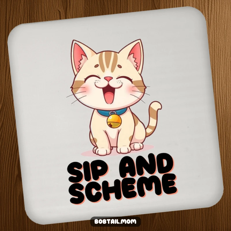 Funny Bobtail Cat Coaster: A mischievous Bobtail cat with a bell collar strikes a pose, adding humorous feline protection to surfaces.