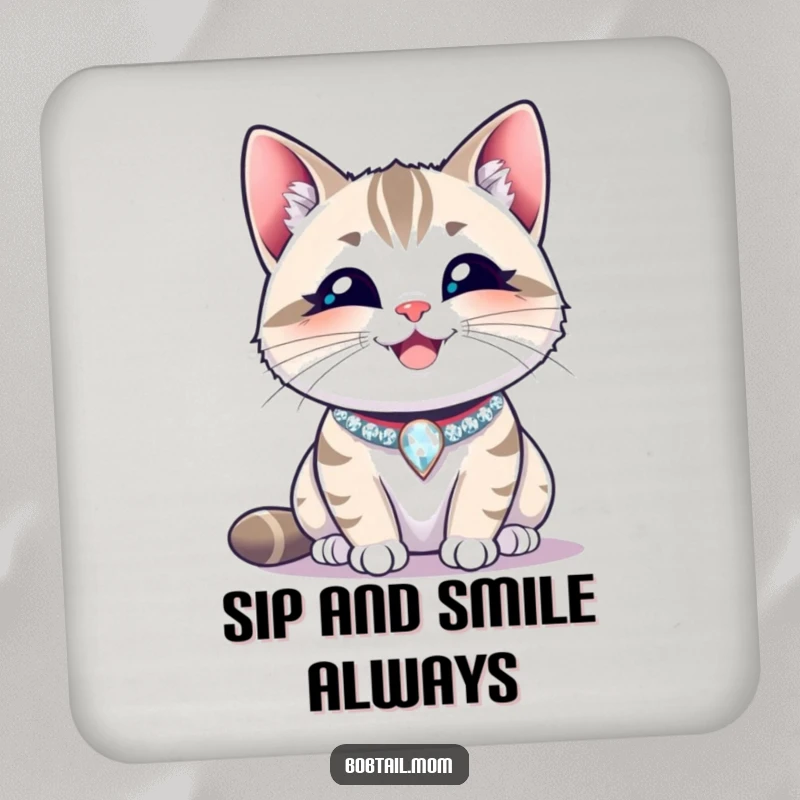 Funny Bobtail cat wearing a sparkling collar, smiling contentedly. Humorous coasters, a cute and funny gift for happy cat owners.