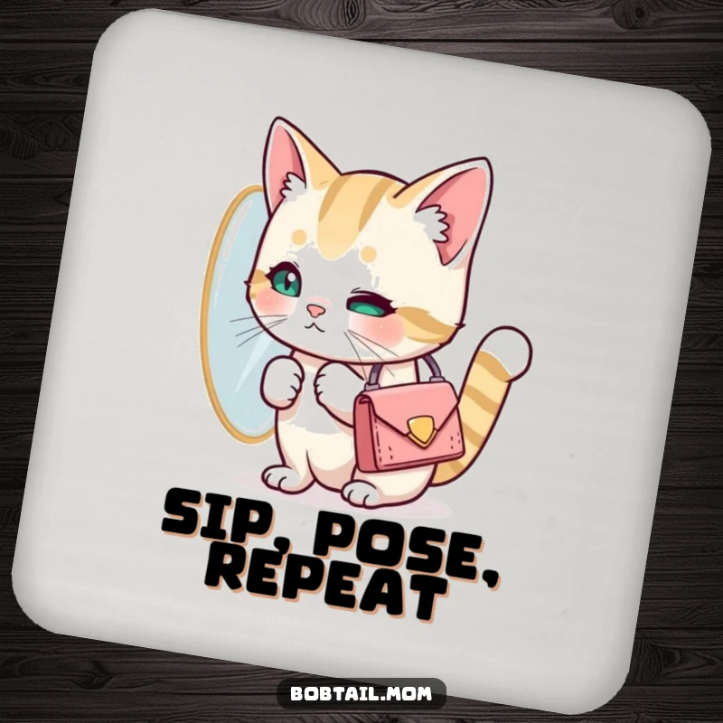 Funny Bobtail cat with a tiny purse looking at its reflection. Humorous coasters, a cute and funny gift for chic cat owners.