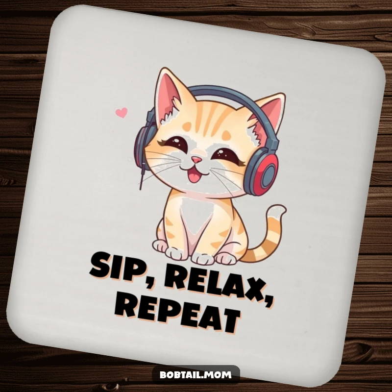 Funny Bobtail Cat Coaster: Cat with headphones listening to music, offering stylish and humorous surface protection.