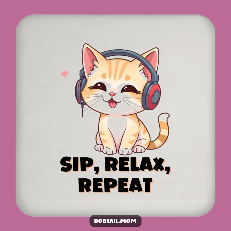 Funny Bobtail Cat Headphones Coaster: Protect Surfaces with Musical Style