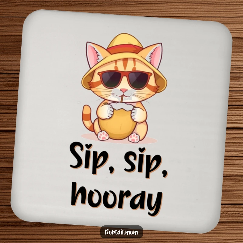 Funny drink coaster with a bobtail cat wearing a sun hat, sipping from a coconut, adding a tropical flair.