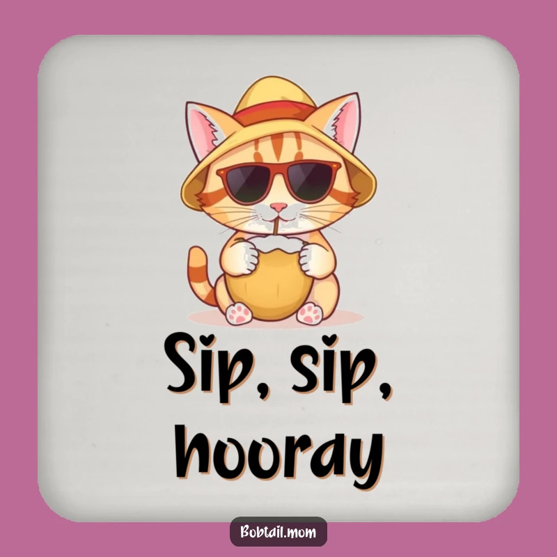 Funny Bobtail Cat Tropical Drink Coaster: Protect Surfaces with Hilarious Island Art