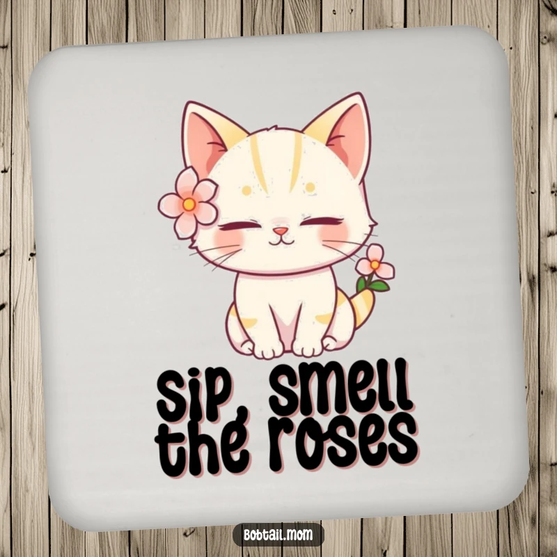 Funny Bobtail Cat Coaster featuring a serene cat with a flower, offering humorous surface protection with floral charm.