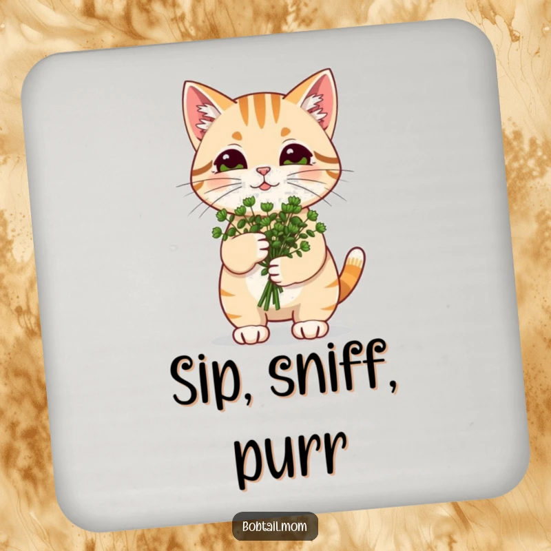 Funny Catnip Bobtail Cat Coaster: Cat carrying catnip, offering joyful and funny protection to surfaces.