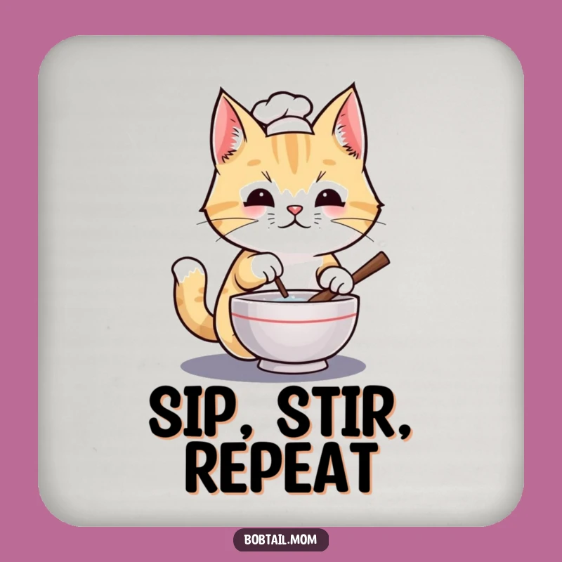 Funny Bobtail Cat Chef Drink Coaster: Protect Surfaces with Culinary Cat Style