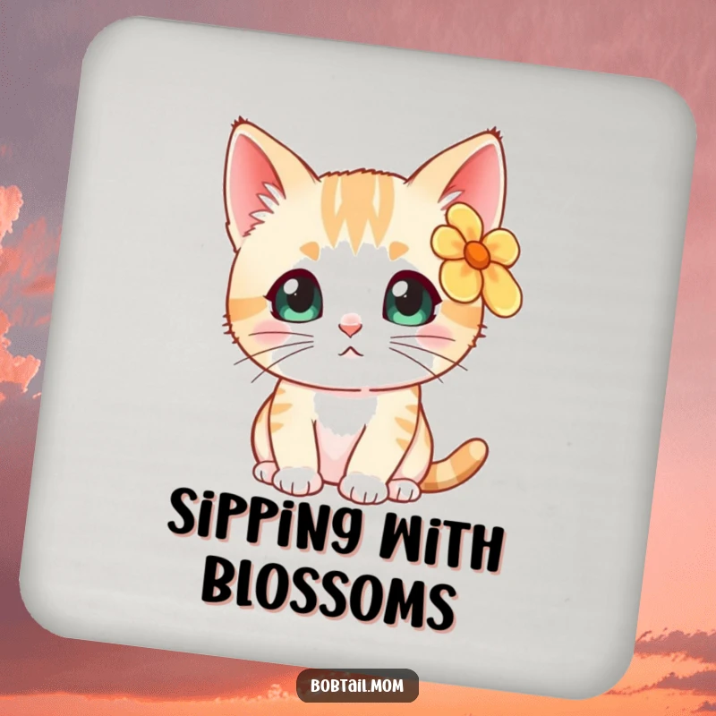 Funny Bobtail cat with a flower, looking curious, featured on a protective, humorous drink coaster.