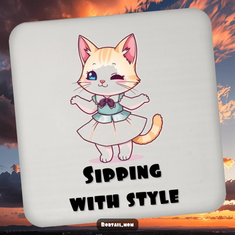 Funny Bobtail Cat Coaster: Stylish cat in a dress, twirling, protecting surfaces with humorous feline flair.
