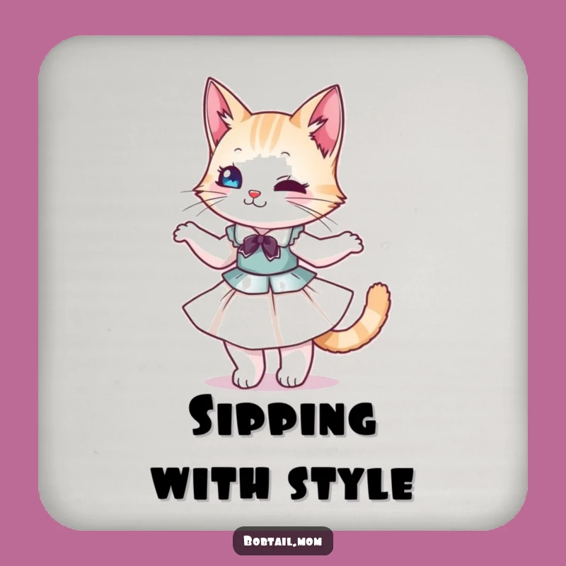 Funny Bobtail Cat Dress Twirl Coaster: Protect Surfaces with Feline Style