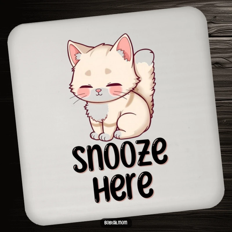Funny Bobtail Cat Coaster with a fluffy-tailed cat curled up, offering humorous protection for drinks and surfaces.