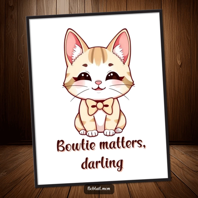 Funny Bobtail Cat Poster showcasing a charmingly smiling cat wearing a dapper bowtie, adding humor and elegance to any room.