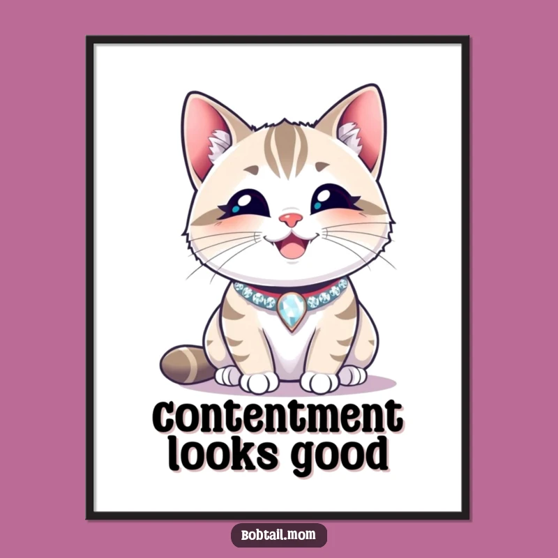 Funny Bobtail Cat Happy Collar Poster: Joyful Wall Art for Content Feline Fans