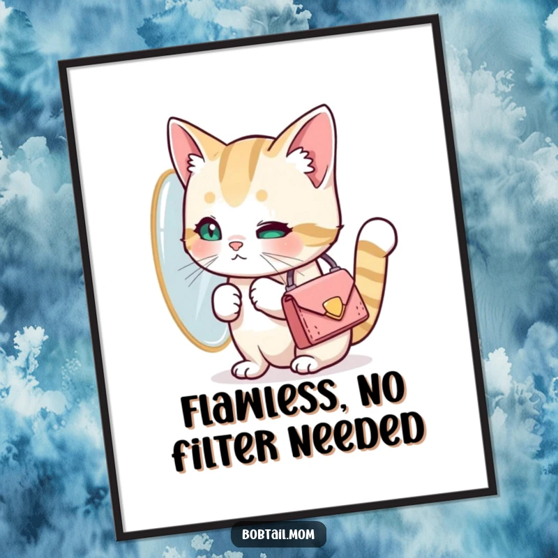 Funny Bobtail cat with a tiny purse looking into a mirror. Humorous wall art, great gift for fashion lovers.