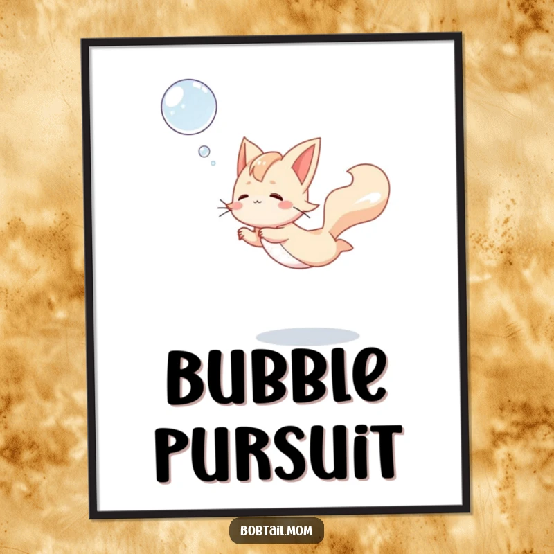 Funny Bobtail Poster showing a dog leaping gracefully to catch a floating bubble, adding whimsical and playful humor to wall decor.