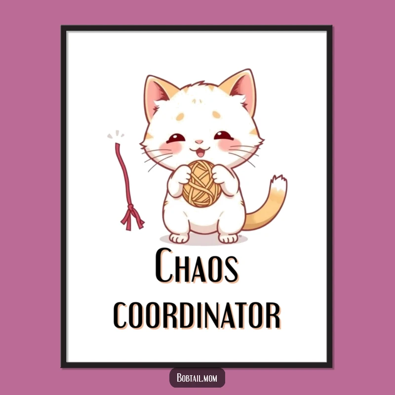 Funny Bobtail Cat Art Print: Playful Cat Batting Yarn