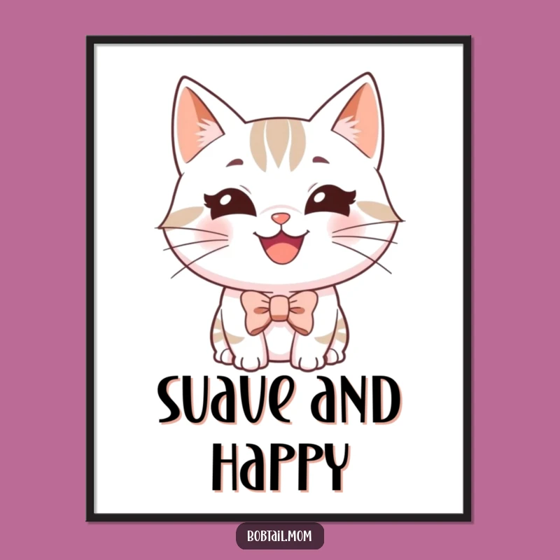 Funny Bobtail Cat Bowtie Poster - Happy Grinning Kitty Art Gift