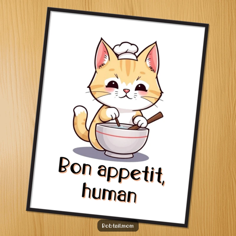 Funny Bobtail cat chef wearing a tiny hat, stirring a miniature bowl, presented as a vibrant, humorous poster.