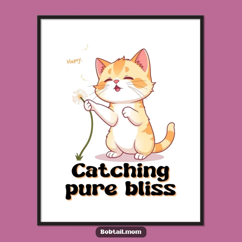 Funny Bobtail Cat Dandelion Poster: Whimsical Wall Art for Playful Decor