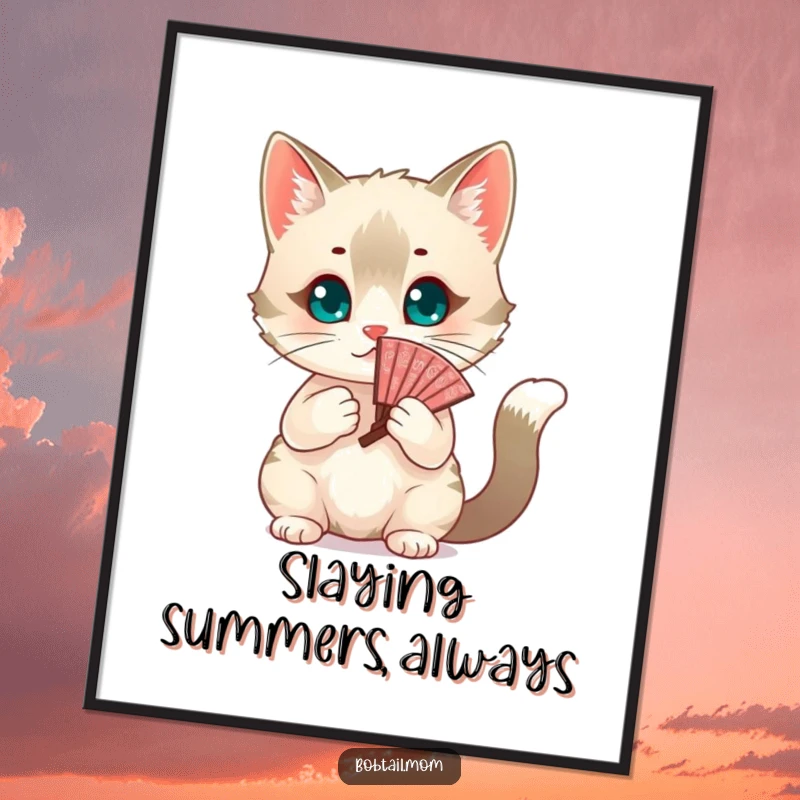 Funny chic Bobtail cat fanning itself gracefully with a decorative fan. Humorous wall art, great gift for fashion lovers.