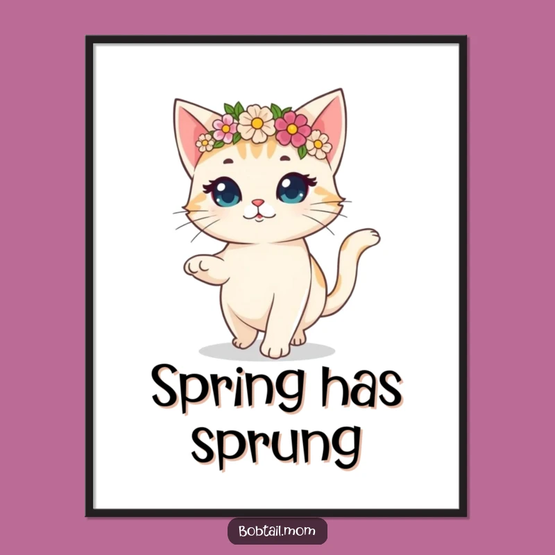 Funny Bobtail Cat Flower Crown Poster: Hilarious Prancing Art for Happy Walls