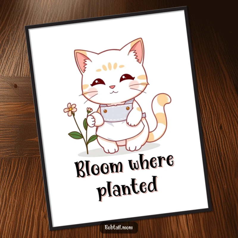 Funny Bobtail cat in a cute apron gently tending a small blooming flower. Humorous wall art, great gift for plant enthusiasts.