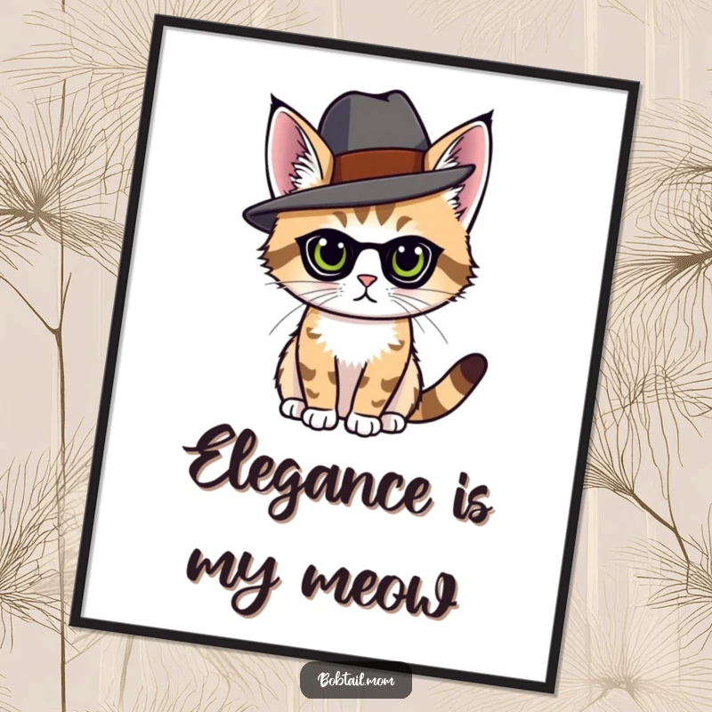 Funny bobtail cat wearing an elegant hat, posing with grace, displayed as wall art poster.