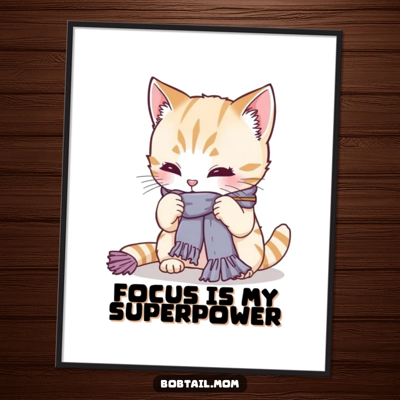 Funny Bobtail cat concentrating hard on knitting a scarf, yarn in a playful mess. Humorous wall art, great gift for cat lovers.