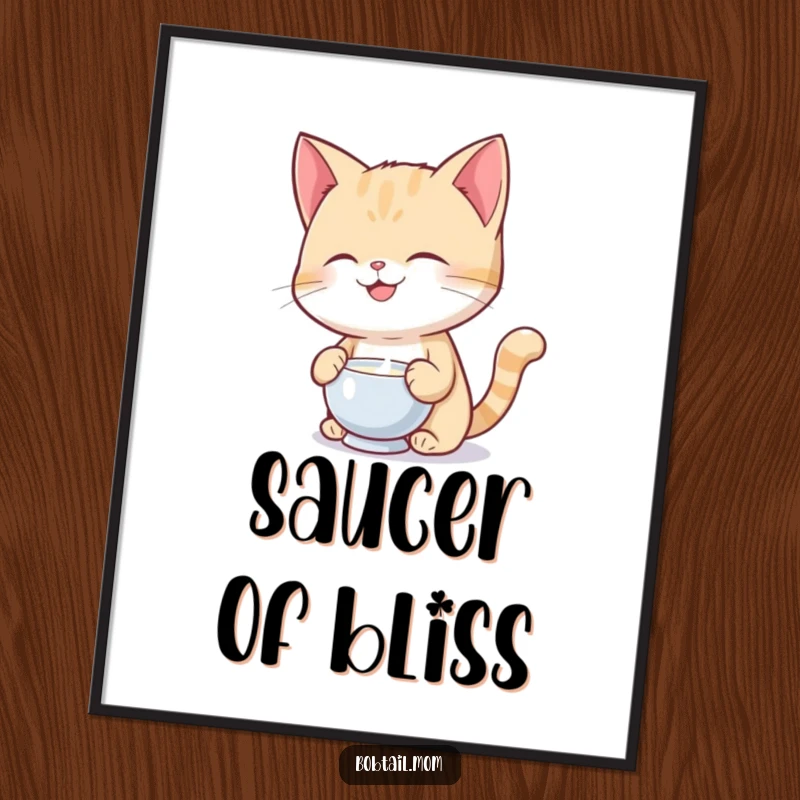 Funny Bobtail cat with a joyful expression balancing a saucer of milk, designed as delightful wall art.
