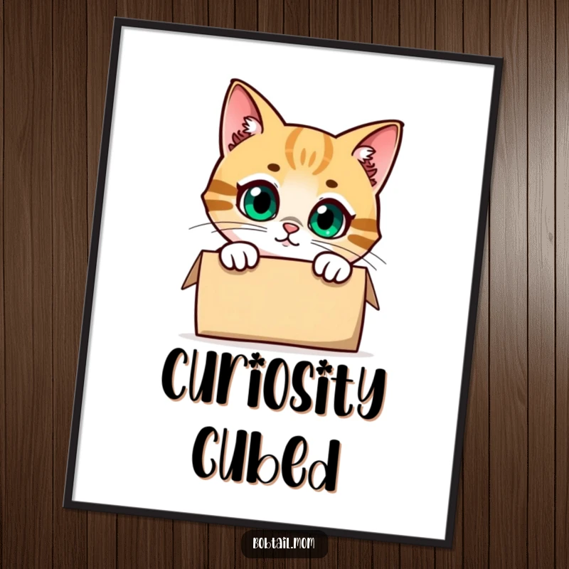 Funny Bobtail Cat Poster showing a cute cat peering with curiosity from inside a cardboard box, adding a humorous and whimsical touch.