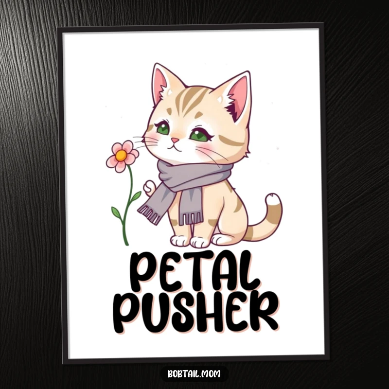 Funny Bobtail Cat Poster: A sophisticated bobtail cat adorned with a scarf pauses to admire a delicate flower.