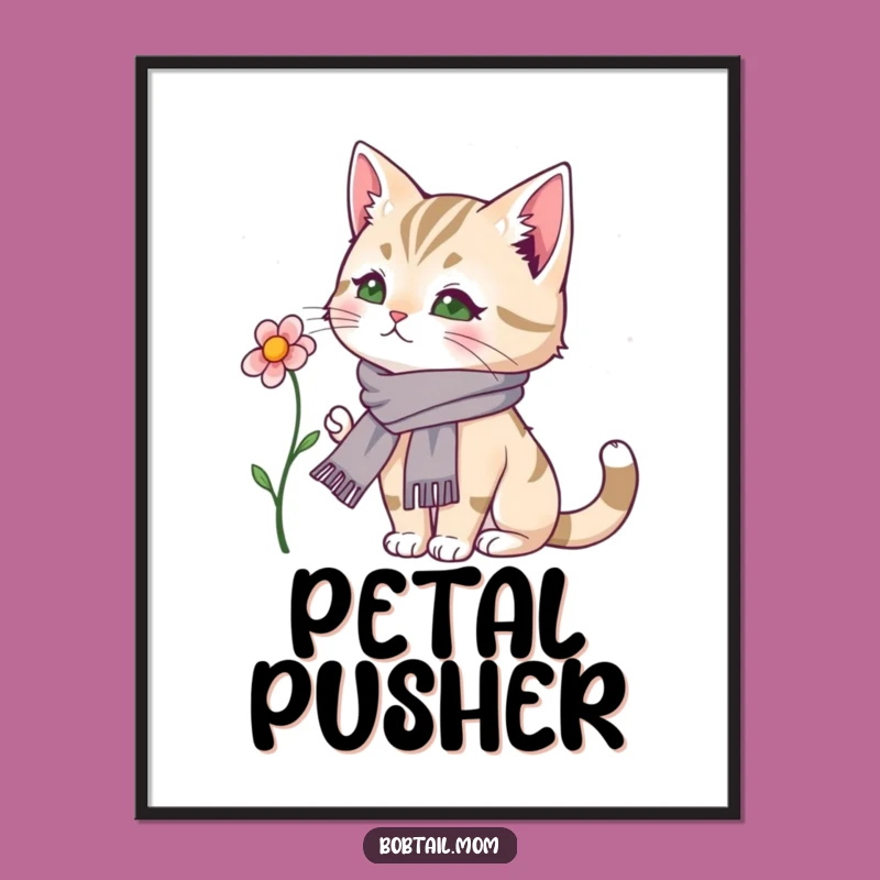 Funny Bobtail Cat Poster: Dainty Scarf Flower Admiring Art, Elegant Funny Gift Wall Decor