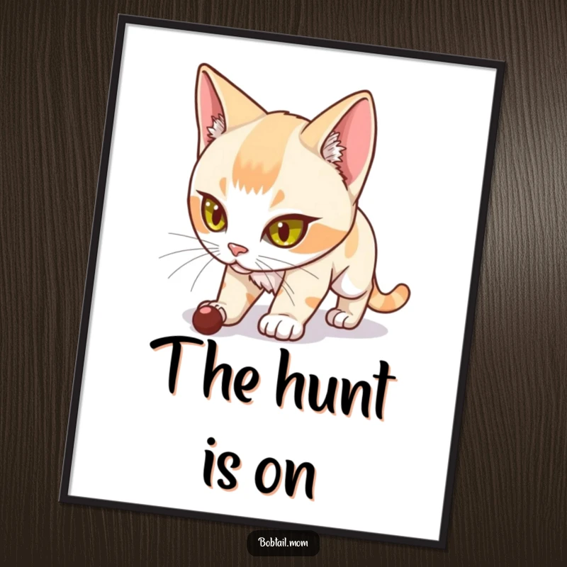Funny Bobtail Cat Poster depicting a determined Bobtail cat in a stealthy stalking pose, ready to capture attention.
