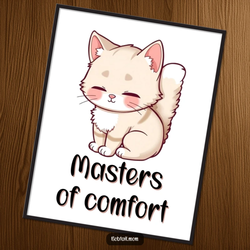 Funny Bobtail Cat Poster showcasing a fluffy-tailed cat in a contented curl, radiating warmth and humorous charm for wall art.