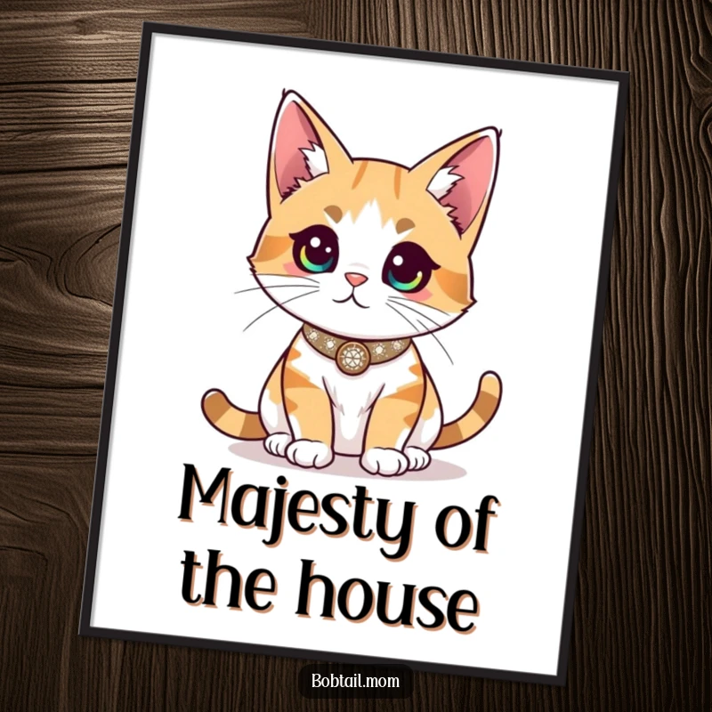 Funny Bobtail cat with a sparkly collar, surveying the room with a regal and confident expression, adding humorous art.