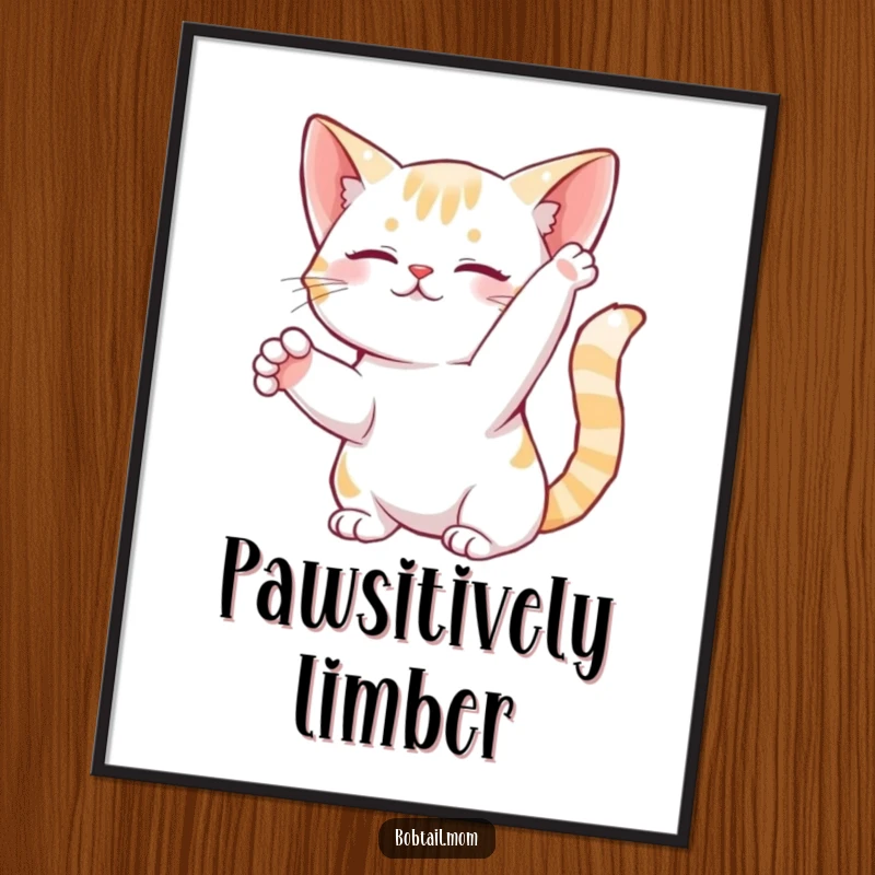 Funny Bobtail Cat Poster capturing a graceful feline in a gentle, serene stretch, bringing artistic humor to any room.