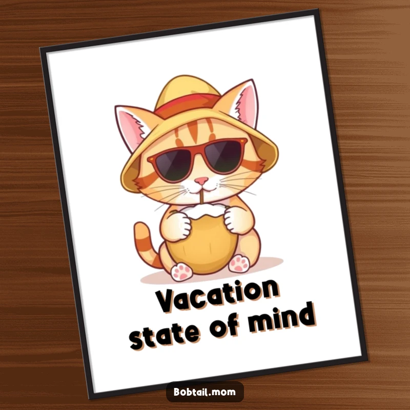 Funny poster of a bobtail cat wearing a sun hat, leisurely sipping from a coconut, embodying a relaxed vacation mood.