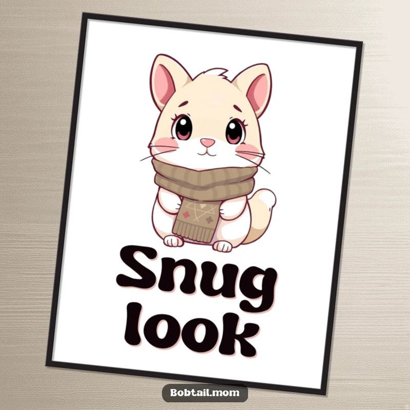 Funny Bobtail Poster depicting a dog wearing a knitted scarf, looking cozy and attentively observant, perfect for adding warm humor.