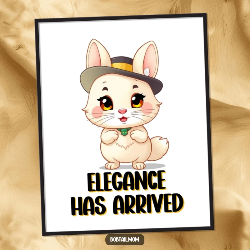 Funny Bobtail Poster: A sassy bobtail cat in a fancy hat, striking a pose, adding humorous and chic wall art.