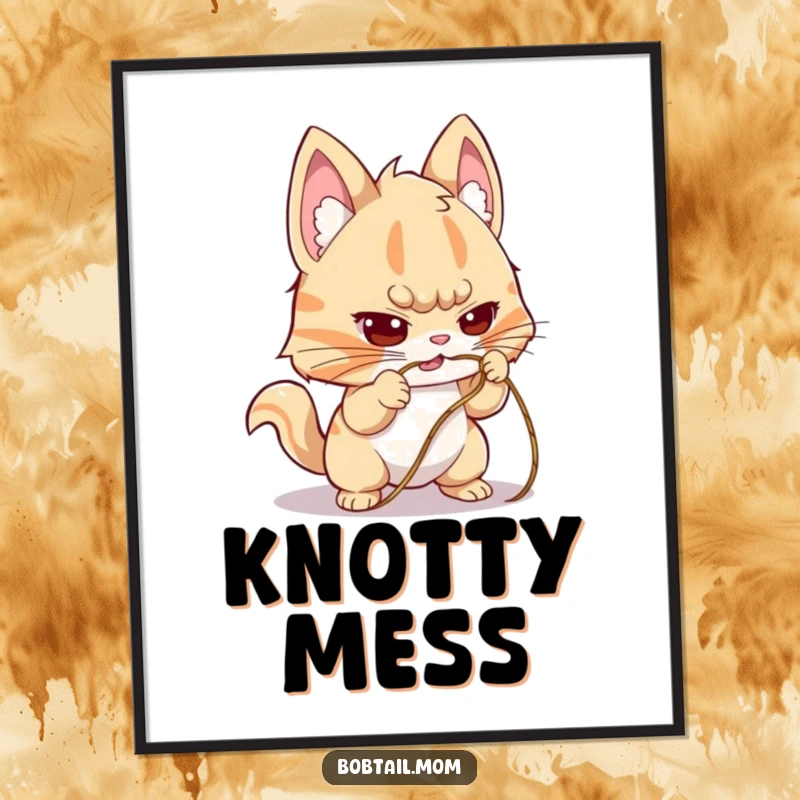 Funny Bobtail Poster depicting a dog with a determined expression, trying to untangle a knotted string, perfect for adding motivational humor.