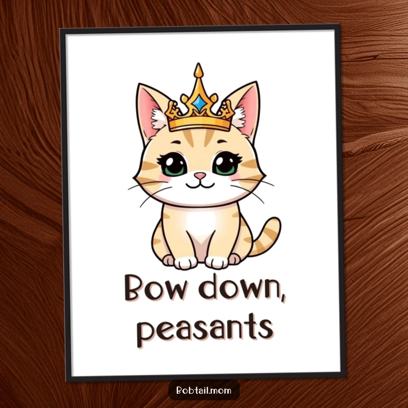 Funny poster print of a majestic bobtail cat wearing a crown, smiling regally, bringing a sense of playful royalty to any space.