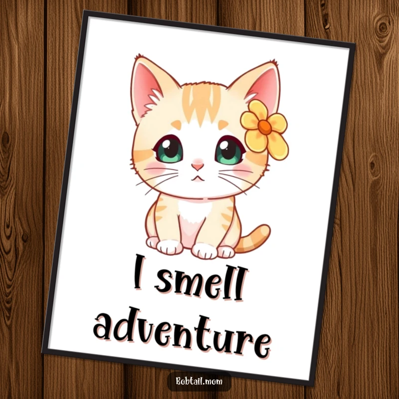 Funny Bobtail cat with a flower behind its ear, looking curiously, presented as a vibrant, charming poster.